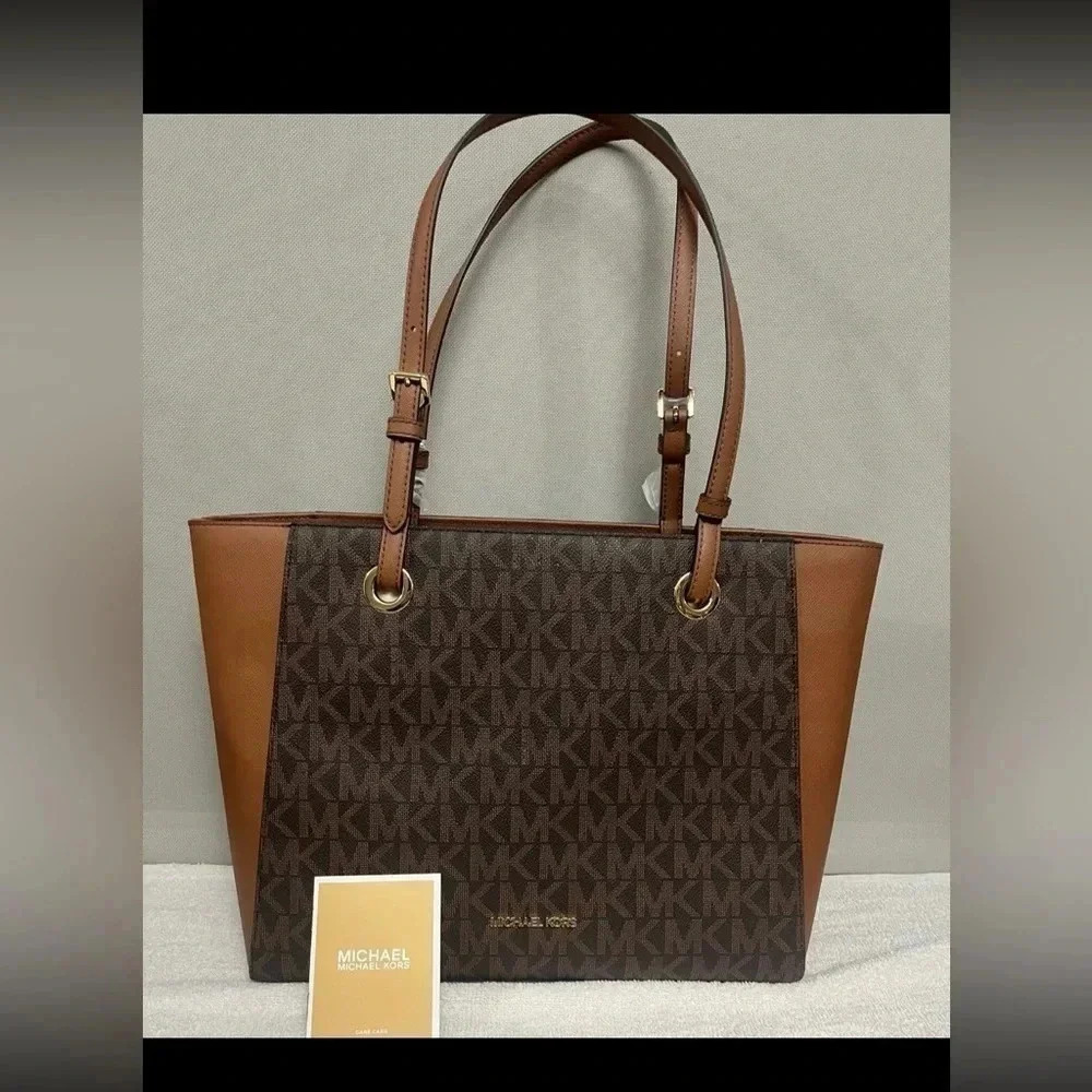 Michael Kors Jet Set Travel Walsh Large Tote Brown Logo + Zip Wallet NWT - Picture 2 of 6